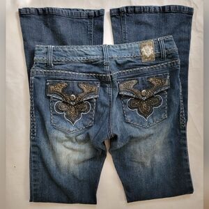 CELLO Jeans 9 Dark Bootcut Studs Embroidered Flap Pocket Distressed Denim